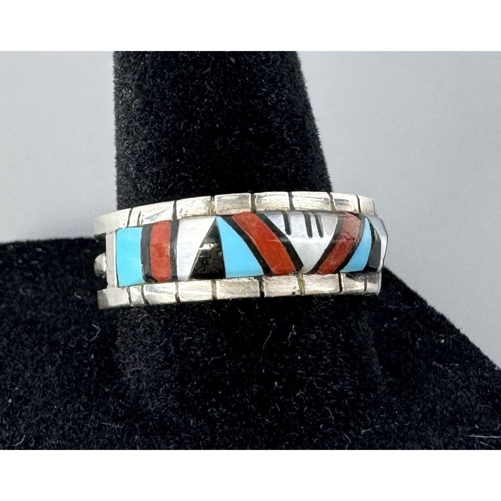 Phyllis Lucio Zuni Sterling Silver Turquoise Coral Inlay Ring Size 9 5.8g